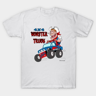 4X4 Monster Truck & Crazy Cowboy Cartoon T-Shirt